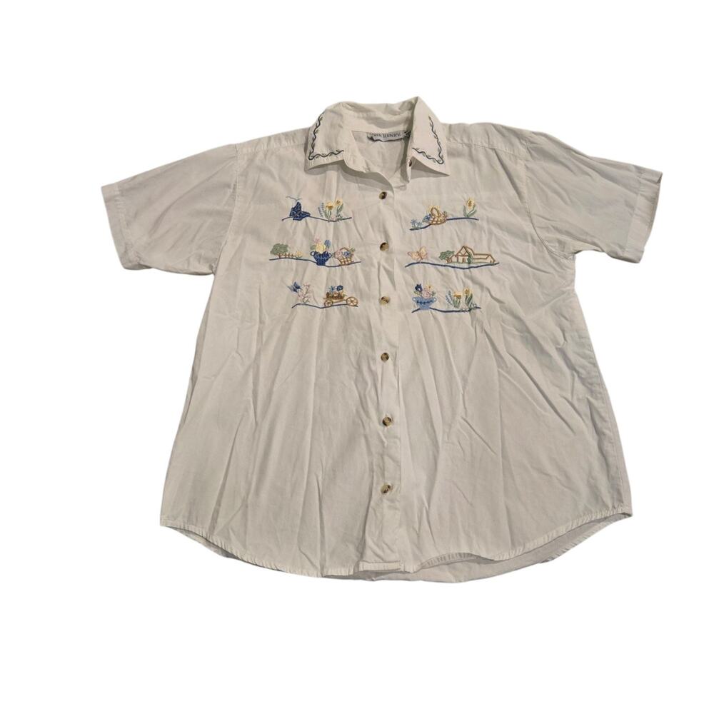 Vtg John Henry 90s Embroider Cottagecore Button Down Shirt 100% Cotton M Novelty - Picture 2 of 8